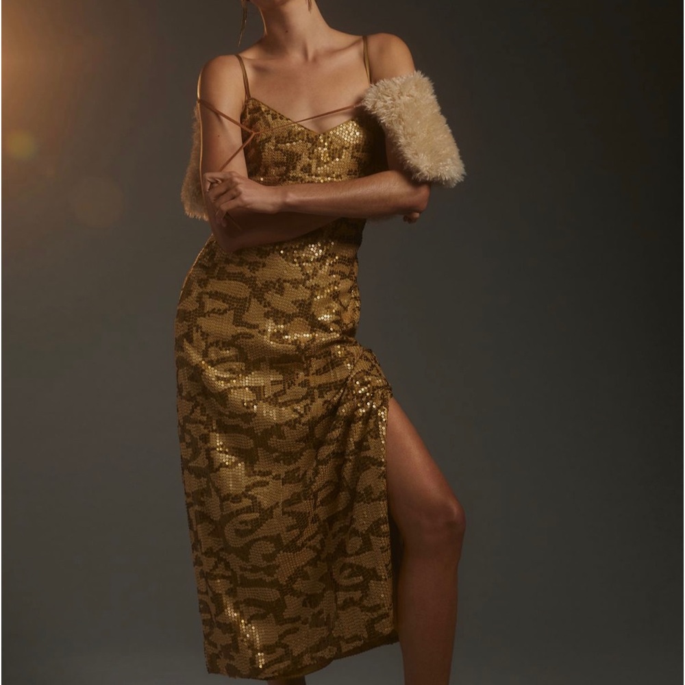 Anthropologie Gold Sequined Slip Sleeveless Open Tie Up Back Midi Dress